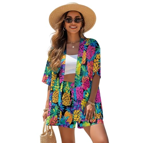 Pynewomyt Womens Hawaiian Sets 2 Piece Summer Shirts With Short