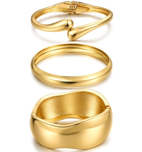 Chunky Gold Bangle Bracelets for Women, Dainty 14k Gold Plated Big Stackable Bangles Set, Trendy Statement Cuff Bracelet Stack Fashion Jewelry Gifts (3 Chunky & thin bangles)