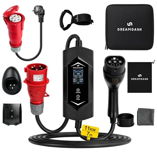 Cargador Coche Electrico Trifasico 11kW, Tipo 2 a enchufe rojo CEE 16A 5 Pines, Cable 7m, Adaptador Schuko, Ajustable 6-16A 1-12h, IP65, Trabajo -30 ℃ a 50 ℃, Wallbox portátil para BEV y PHEV