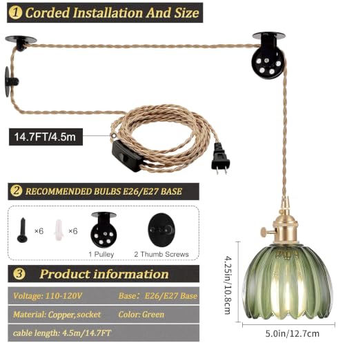Image of Shenmoyl Plug in Pendant Light Hanging Light Fixture Corded On /Off Switch Brass Pendant Light with Green Tulip Glass Lampshade for Bedroom Living Room Kitchen Island