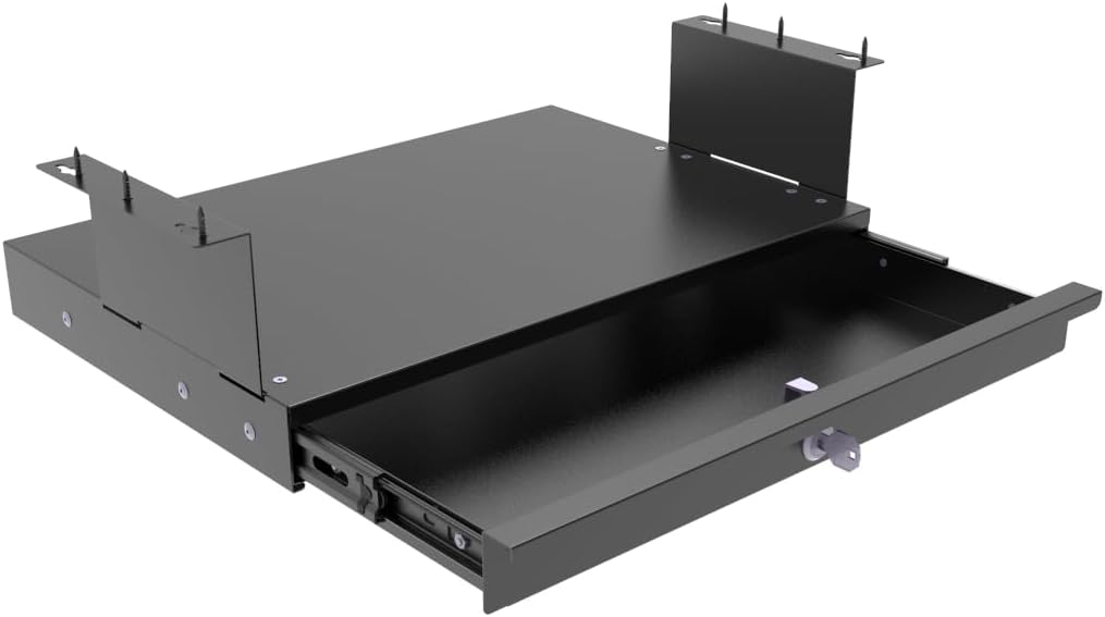 Under Desk Lockable Sliding Out Drawer with Cable Management, 17 inch Wide Office Storage Organizer for Standing Desks or tables with a Crossbar less than 3.2" High, 12 Inch Deep