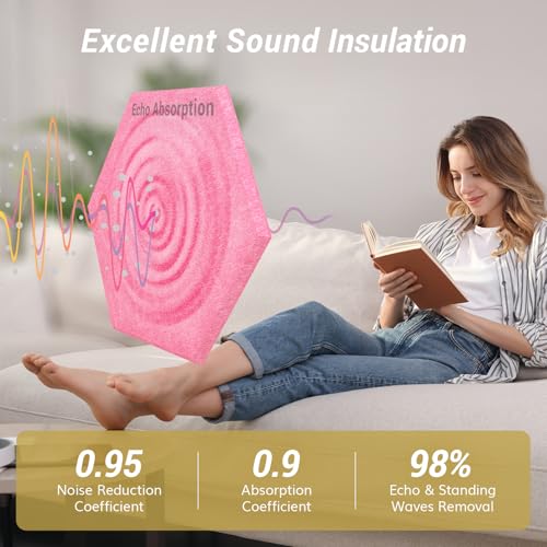 Image of 12 Pack High Density Hexagon Acoustic Panels, TONOR 12 inchx 10 inchx 0.4 inch Soundproof Wall Panels, Sound Absorbing Panels for Interior Wall Decor, Peel and Stick Modern for Studio, Office, Home, Pink