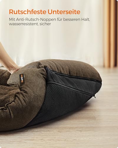 Feandrea Hundebett, Hundekissen in Leinenoptik, Hundekorb, erhöhte Ränder, rutschfeste Unterseite, Bezug abnehmbar waschbar, XL, für große Hunde, 110 x 75 x 27 cm, braun PGW12CC