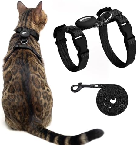 Cat Harness and Leash Set with Airtag Holder for Walking & Travelling, Escape Proof Cat Harness for Small Medium Large Kitten, Adjustable Lightweight Soft Cat Vests (Black)