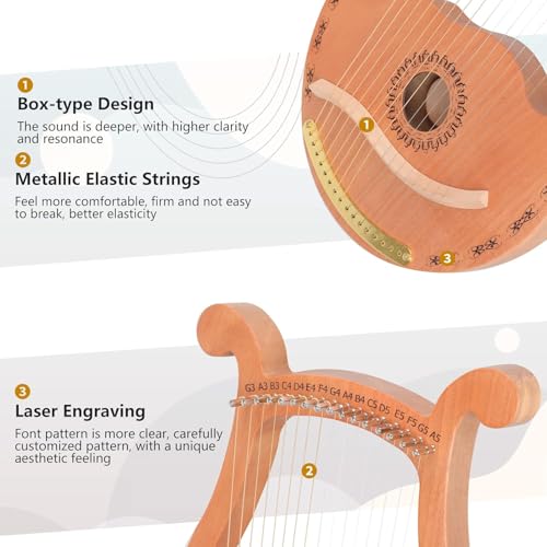 Lyre Harp, 16 Strings Mahogany Wood Lyre Harp with Extra Strings, Picks, Tuning Lever, Black Gig Bag, Beginner's Manual for Lyre