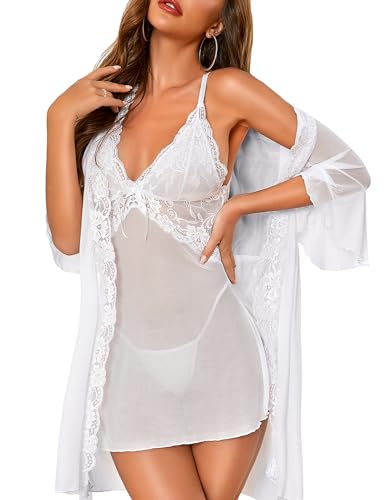 Women Sexy Lingerie Set 3 Piece Babydoll & Lace Kimono Robe Strap Chemise Nightgown Mesh Sleepwear