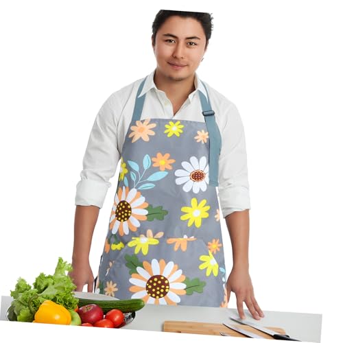 NUOLUX 防水エプロン レディース 首掛け 大容量ポケット付き 北欧風 花柄 キッチン作業用 家用調理服 汚れ防止 多用途