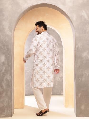 Image of SOJANYA Plus (Since 1958) Men's Printed Cotton Linen Kurta With White Pyjama