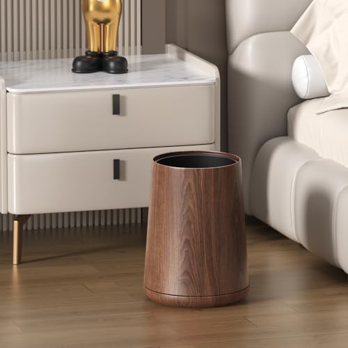 Image of 8L /2.1GAL Modern Metal Waste Bin with Realistic Wood Texture,Built-in Bag Holder,Open-Top Trash Bin for Bathroom,Home,Office,Living Room (2.1gal Cone)
