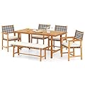 Tangkula 6 Piece Patio Dining Set for 5-6 People, 63” Outdoor Acacia Wood Table with 1.97” Umbrella Hole & Bench & 4 Cushioned Armchairs, for Deck Yard and Poolside