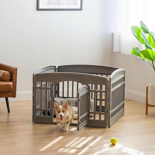Image of IRIS USA 24 inch Dog Playpen 4-Panel Pet Exercise Pen with Door Gate 35 x 35 x 24 Puppy Play Pen Indoor Outdoor Plastic Foldable Portable Pet Fence for Small Medium Dogs Puppies Multiple Pets Gray