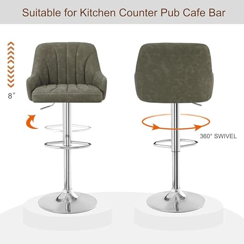 Image of VECELO Bar Stools Set of 2, Adjustable Barstools, Counter Height Stools with Back and Arm, Kitchen Island Stools, Swivel PU Leather Chairs for Pub, Dining Room, Modern Style, Dark Grey