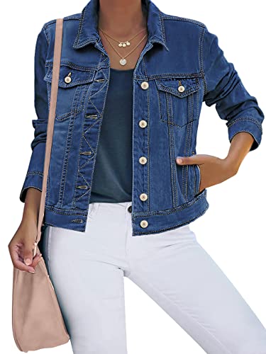 Image of luvamia Women's Basic Button Down Stretch Fitted Long Sleeves Denim Jean Jacket