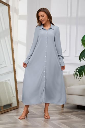 Image of chouyatou Women's Casual Button Down Maxi Shirt Dress Long Sleeve Button Up Tunic Long Dress