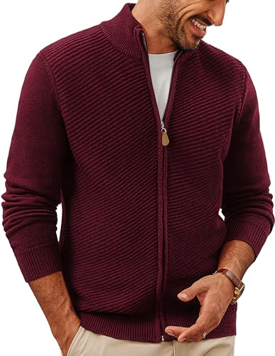 PJ PAUL JONES Mens Zip up Cardigans Stand Collar Winter Thick Knitted Cardigan Sweaters Red M