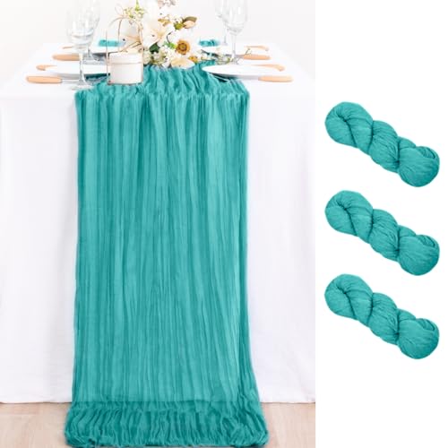 Image of MLMC 3 Pack Teal Table Runner 10ft Rustic Summer Cheesecloth Table Runner Gauze Cheese Cloth Centerpiece Decororations 35x130 Inches for Wedding Baby Shower Outdoor Picninc Decor