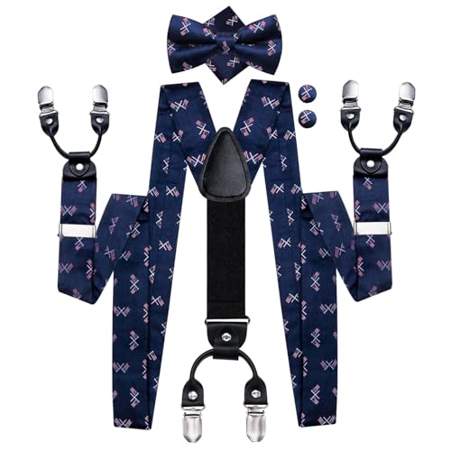 Image of Hi-Tie Men Suspender Bowtie Set Suspenders Pre-tied Bow Tie Pocket Square Cufflinks Adjustable Y Shape 6 Clips Braces Tuxedo