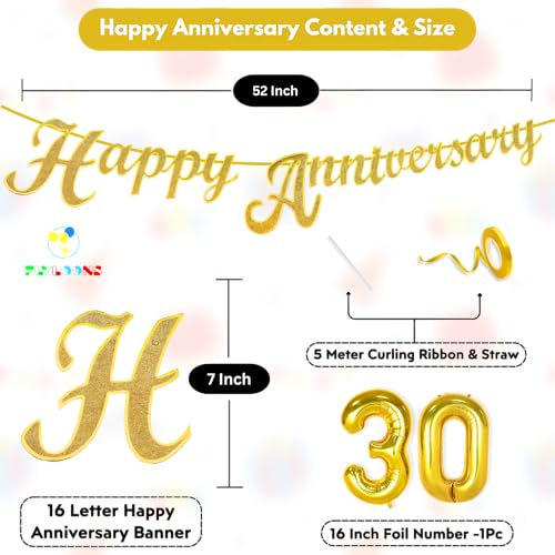 Image of Flyloons 30th Happy Anniversary Banner Gold Decorations Kit for Men Women Wedding Anniversary Banner Items without Balloons