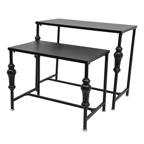 Kreiaoer Set of 2 Retail Display Tables, Industrial Standing Display Racks for Clothing, Shoes, Handbags – Boutique Display Risers with Metal Frame & Storage Shelves for Store Fixtures