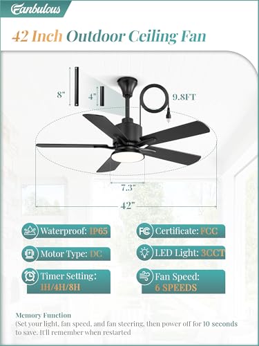 Fanbulous 42" Outdoor Ceiling Fans with Light for Patios, IP65 Waterproof Gazebo Fan, Plug in Ceiling Fan with Remote, 3CCT 6-Speed Black Ceiling Fan with Hanging Hook for Porch, Pergola,Canopy - Image 6