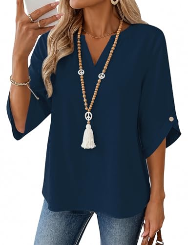 iWoo Blusa de manga 3/4 para mujer, cuello en V, blusa de algodón y lino, túnica, azul marino, M