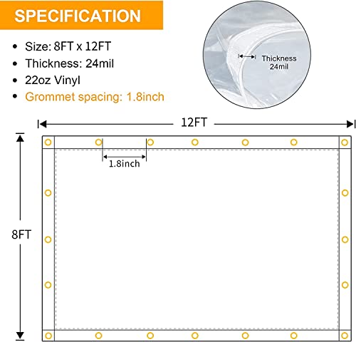 8 x 12FT Outdoor Clear Tarp Curtain Waterproof Wind-Proof 24 Mil Transparent Vinyl Tarp for Patio Pergola Garden Canopy Rainproof Anti-Tear PVC Thick Cover with Grommets - Thumbnail 2