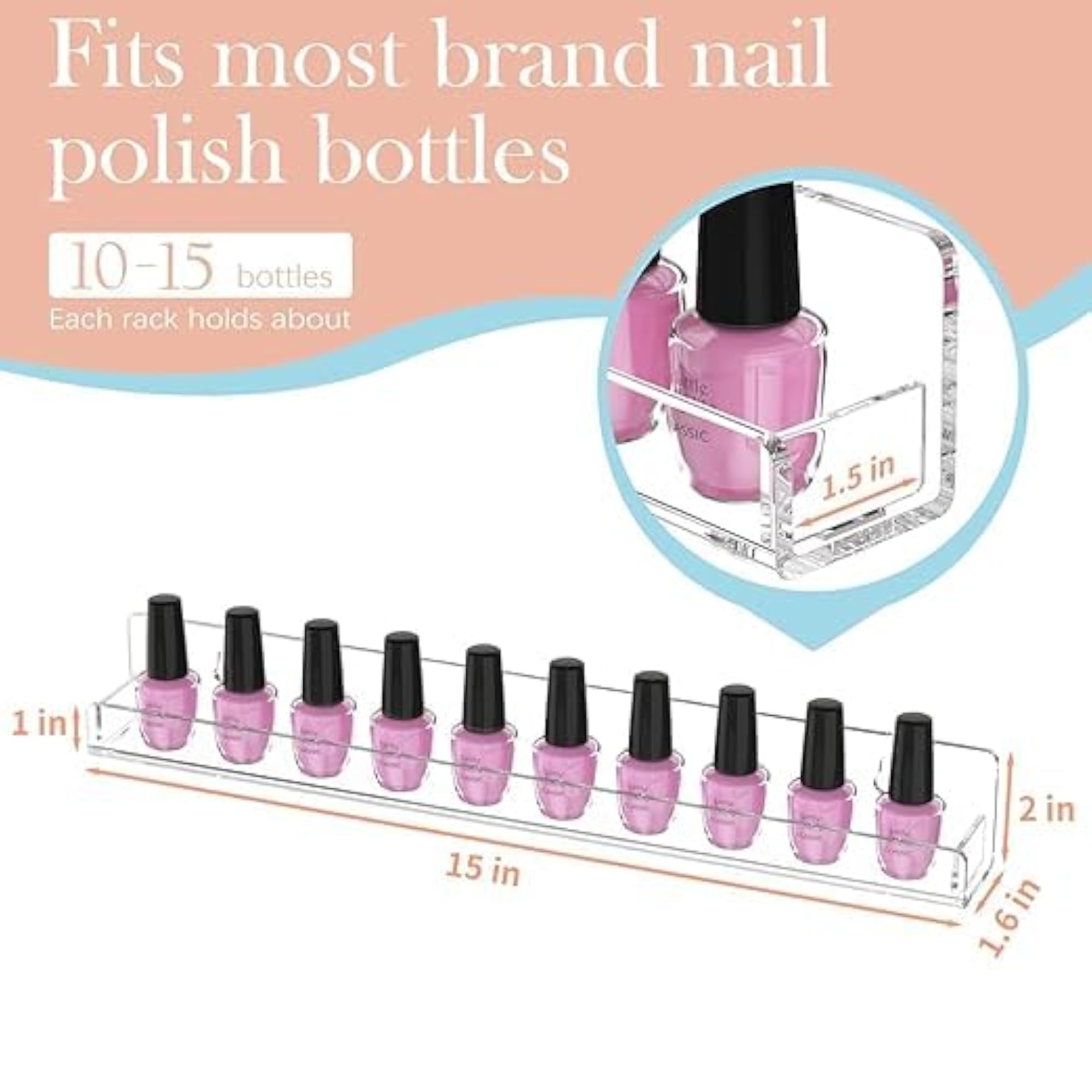 Acrylic Nail Polish Wall Mount Display Rack, Holds 10-15 Bottles