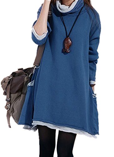 MedeShe Women's Long Sleeved Cotton Knitted Sweater Pull Over Dress US 10/12 (Blue)