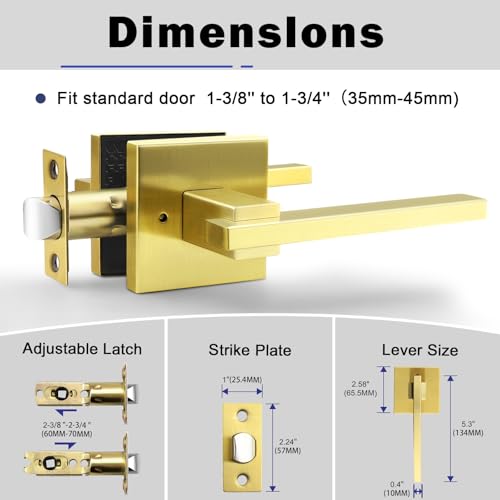 Image of Orger 5 Pack Gold Privacy Door Handles Square Keyless Door Lever, Interior Door Handle for Bathroom and Bedroom, Modern Door Handle Sets Stainless Steel