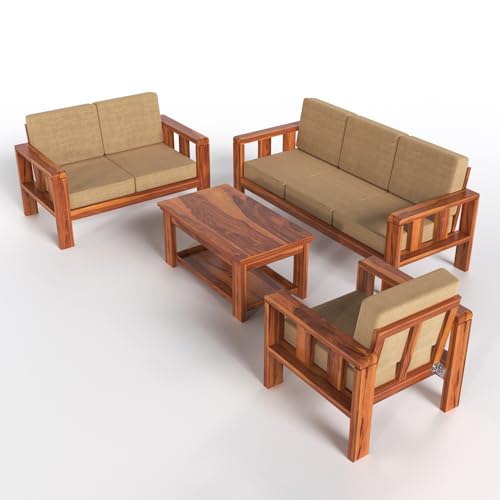 Image of Solid Wooden 6 Seater Sofa Set for Living Room & Office Furniture | Wooden Sofa 3+2+1 Sofa Set in Natural Teak Finish