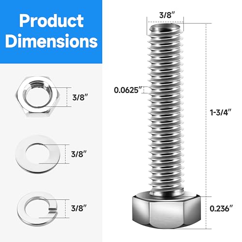 Image of (8 Sets) 3 /8-16 x 1-3 /4 inch Bolts, 3 /8 Bolt Hex Head Screws, Assorted Screws Nuts and with Flat & Lock Washers, 304 Stainless Steel 18-8 Bright Finish 3 /8 Bolts and Nuts Set by Marysino