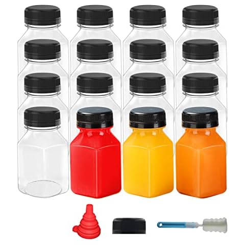 BPFY 48 Pack 4 oz Mini Plastic Juice Bottles with Caps Empty Clear Beverage Containers with Black Tamper Evident Lids, Brush, Funnel, Juicing Bottles for Milk, Smoothie and Other Beverages Cover