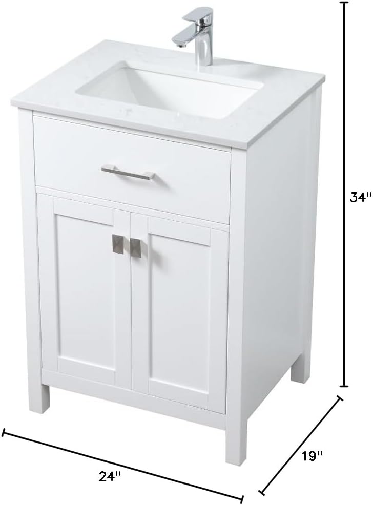 24 Single Bathroom Vanity, with Engineered Marble Top Soft-Close, White