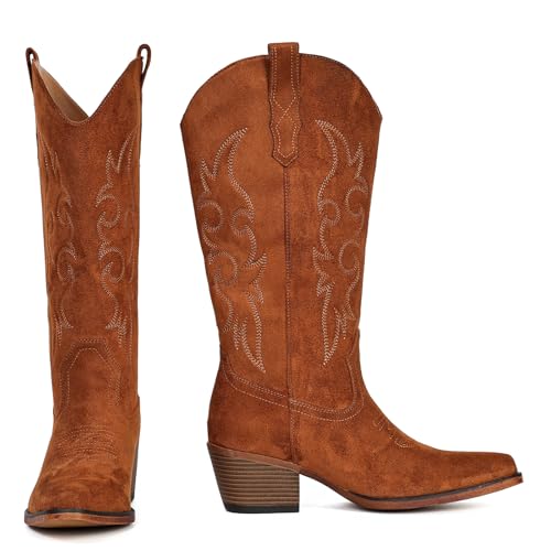 Image of IUV Cowboy Boots For Women Western Cowgirl Boots Mid Calf Snip Toe Boot With Chunky Heel