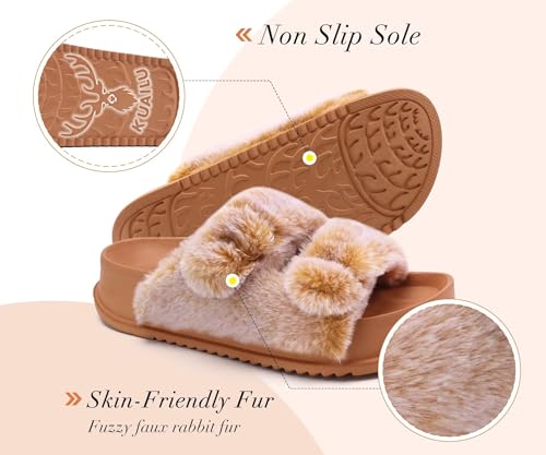 Image of KuaiLu Women's Fluff Slippers Plantar Fasciitis Arch Support Platform Slippers Ladies Fashion Open Toe Faux Fur Sliders Womens House Slipper Size 6-12