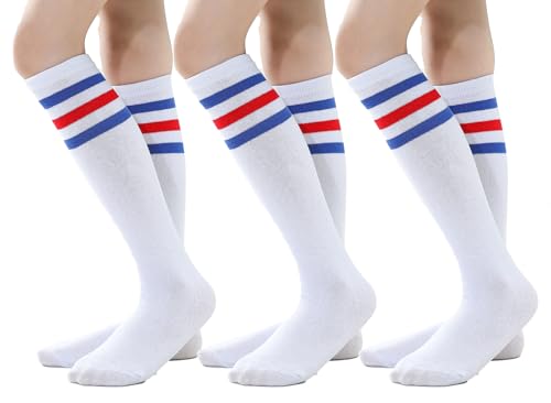 TOCONFFON Youth Soccer Socks Kids Boys Girls Baseball Outfit Knee High Softball Long Socks for Football Volleyball Athletic(Blue Stripe 3 Pairs,1-3)