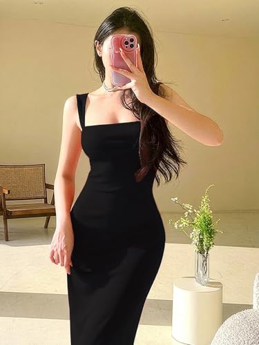 Image of Aahwan Solid Bodycon Square Neck Long Party Dress for Women's & Girl's