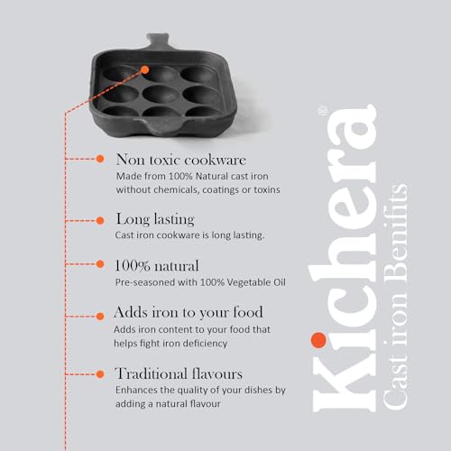 Image of Kichera Cast Iron 9 Cavity Paniyaram pan Long Handle 7 Inch, 2.4kg | Paddu Maker |Ponganalu Kallu | Appam Chatti |Pre-Seasoned & Naturally Non-Stick | Induction Friendly Pure & Toxin-Free Appachatty