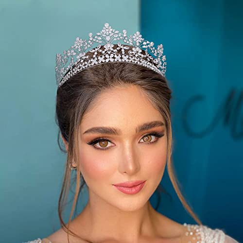 Fasnahok Floral Cz Bridal Tiaras For Wedding Cubic Zirconia Birthday Crowns For Women Handmade Headpieces Princess Hair Jewelry Accessories Silver #TOP3