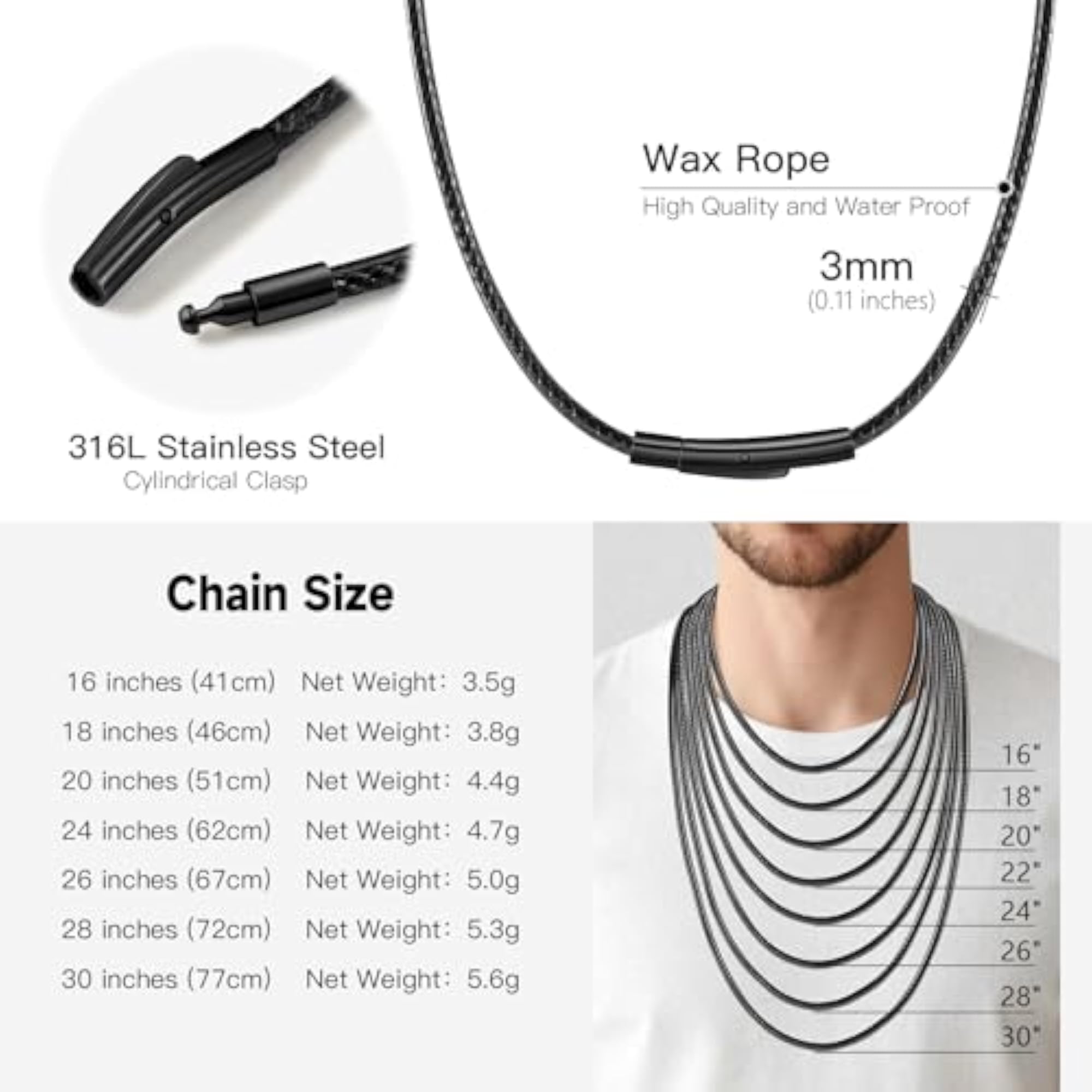 Men's Waterproof Braided Leather Necklace Cord Chain
