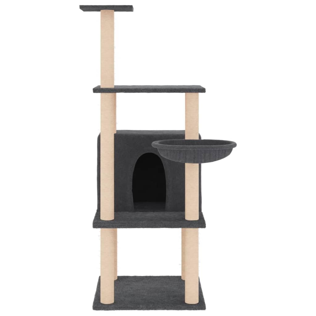 Rascador para gatos, 132 cm, color gris oscuro con troncos de sisal | Torre para gatos de varios pisos para el salón con cueva y cesta para el cuidado de las garras y la relajación.