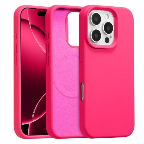 UCASONG Magnetic for iPhone 16 Pro -6.3Inch Liquid Silicone Phone Case, Compatible with MagSafe, Cute Plain Solid Color Slim Case Soft Smooth Matte Shockproof Protective Cover, Hot Pink