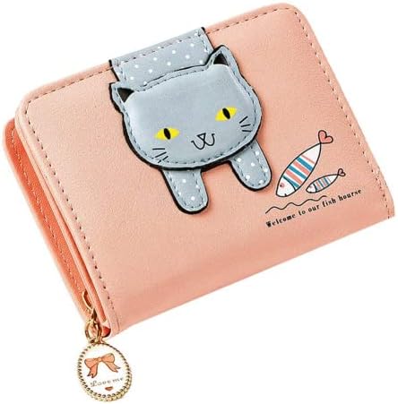 Girls Women Faux Leather Small Wallet Cute Cat Pattern Clutch Purse Coin Holder Card Organizer,Bifold (Pink)