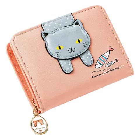 Girls Women Small Wallet Cute Cat Pattern Clutch Purse Coin Holder Card Organizer (Pink) Cover