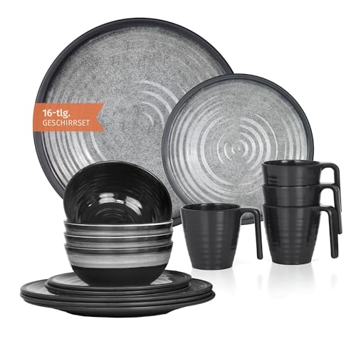 Vaisselle de camping en mélamine pour 4 personnes Gris pierre + 4 tasses à café en pierre
