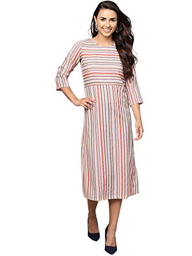 Image of INDO ERA Women's Modal Striped Ankle Length A-Line Dress (Ie19Ed7Cr1116)