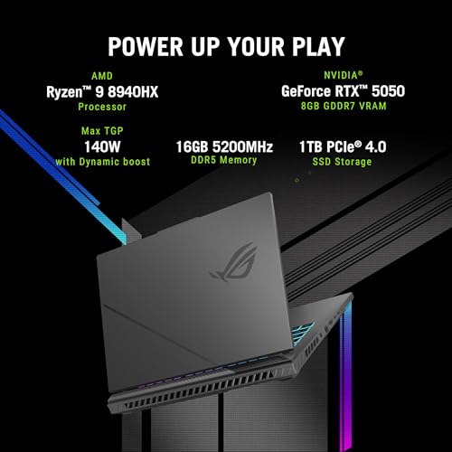 Image of ASUS ROG Strix G16 (2025), AMD Ryzen 9 8940HX, RTX 5050-8GB, 16GB RAM, 1TB SSD, FHD+, 16 inch, 40 cm, Windows 11 Home, M365 Basic(1yr)* Office24, Eclipse Gray, 2.5 Kg, G614PH-RV073WS, Gaming Laptop