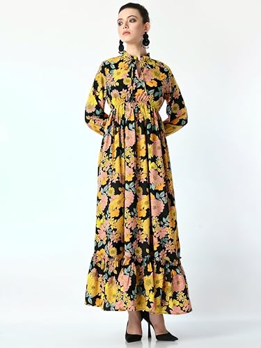 Image of KZULLY | Floral Printed Maxi Dresses for Women | Long Sleeve Beautiful Floral Patterns | Stylish and Elegant Dress | Tie Neck
