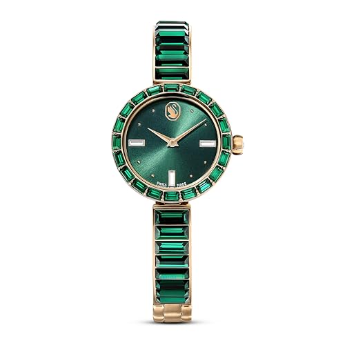Swarovski Reloj Matrix Bangle, Swiss Made, Pulsera de Cristal, Acabado Tono Oro Champán, 25 mm Acero Inoxidable, Cristales Verdes Talla Baguette, Sumergible hasta 50 m, Colección Matrix, Verde