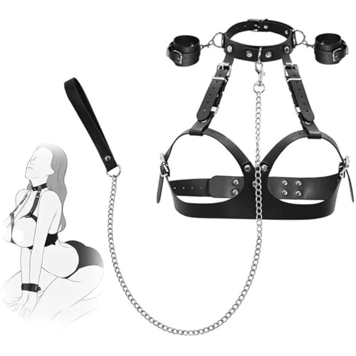 Soarvlorfy Brust Fesseln Unterwäsche BDSM Bondage Set mit Handschellen und Halsband, Damen Leder Harness Fesslset Verstellbarer Sexy Dessous SM...